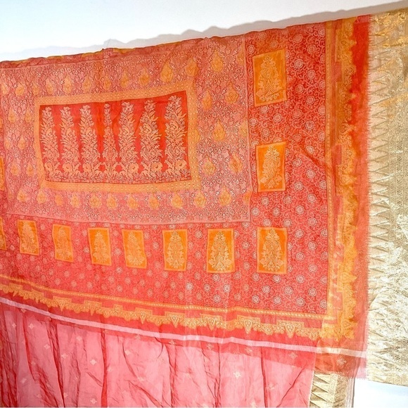 Orange Sheer Saree Fabric With Embroidered Gold Trim - Picture 4 of 8